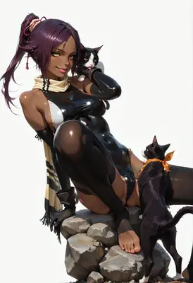 Dark Skinned Beauty With Her Cats