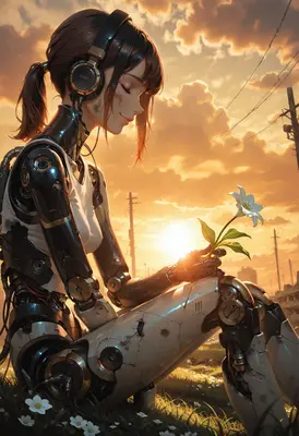 Cyborg Girl Finding Beauty at Sunset