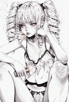 Pensive Girl With Cigarette and Lingerie
