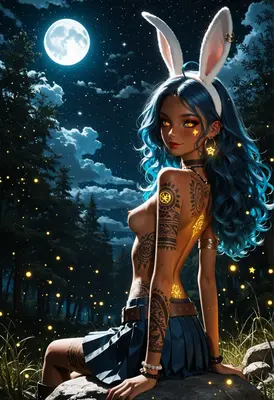 Moonlit Bunny Girl with Glowing Tattoos