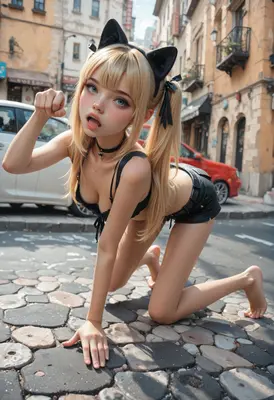 Playful Cat Girl in Urban Setting