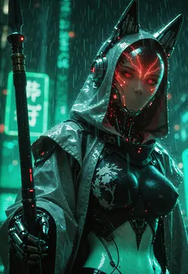 Cybernetic Guardian in Neon Rain