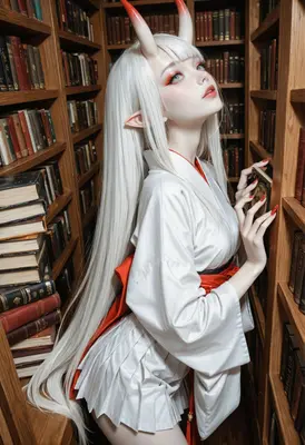 White Haired Oni in Ancient Library