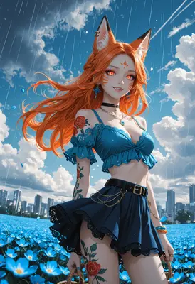 Fox Girl in Blue Flower Field
