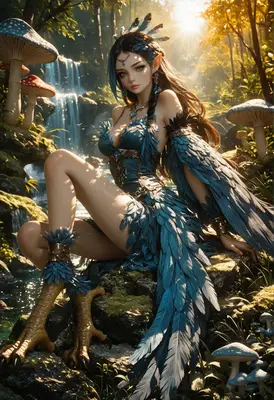 Enchanting Avian Maiden by the Waterfall