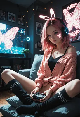 Pink Haired Gamer Girl Relaxing