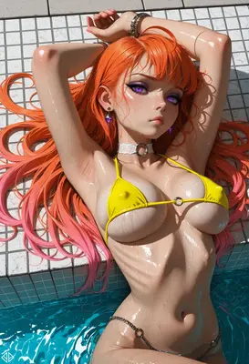 Radiant Orange Hair Poolside Relaxation