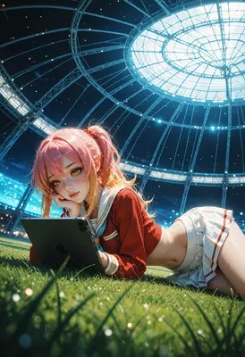 Anime girl relaxing in futuristic stadium