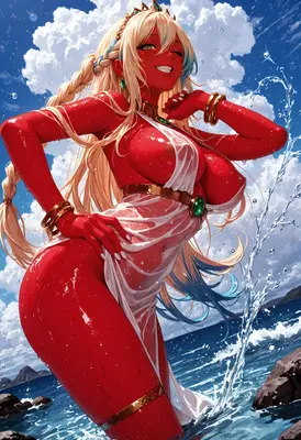 Radiant Crimson Goddess by the Sea