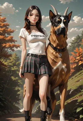 Girl and Her Horned Canine Guardian