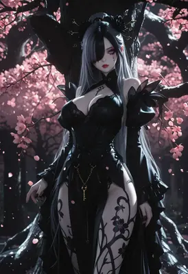 Gothic Beauty Amidst Falling Cherry Blossoms