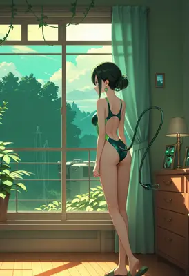 Green Haired Girl Gazing Outside