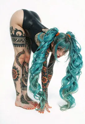 Teal Haired Girl With Extensive Tattoos