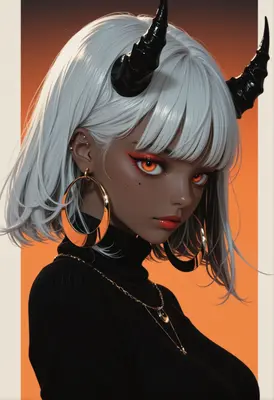 Fiery Demon Girl with White Hair