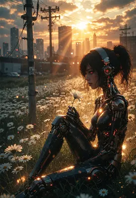 Cyborg Girl Finding Beauty in Nature