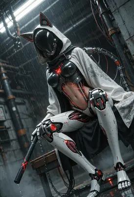 Cybernetic Cat Girl in Rainy Alley