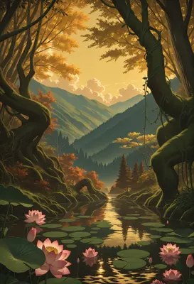 Golden Sunset Over The Lotus Pond