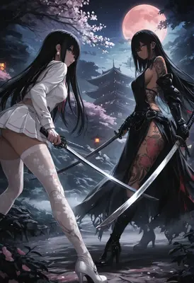Dual Samurai Duel Under Moonlit Cherry Blossoms