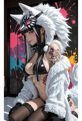 White Wolf Girl in Ink Splatter