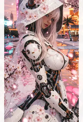Cyborg Maiden Amidst Cherry Blossoms