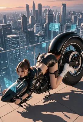 Cyberpunk Biker on Urban Skyscraper Rooftop