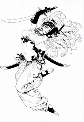 Dynamic Swordswoman in Mid-Air Action