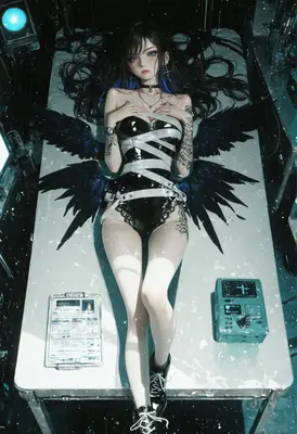 Cybernetic Angel Resting In Laboratory