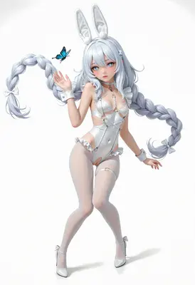 White Bunny Girl with Blue Butterfly