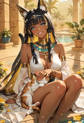 Egyptian Goddess Resting with a Kitten