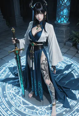 Demon Priestess Holding Enchanted Blade