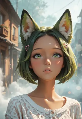 Green Haired Cat Girl Portrait