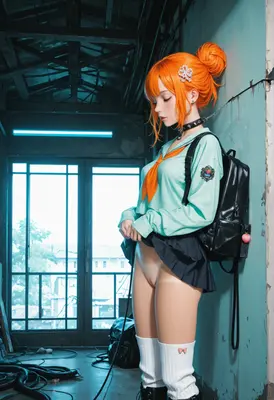 Orange Haired Student in Industrial Hallway