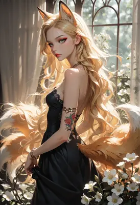Elegant Kitsune in a Black Gown