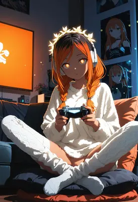 Cozy Gamer Girl with Glowing Eyes
