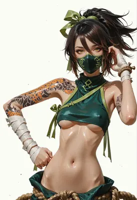 Tattooed Kunoichi with Green Mask