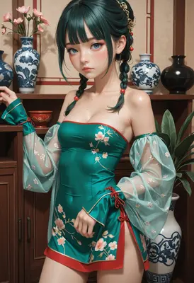 Elegant Girl in Traditional Emerald Qipao