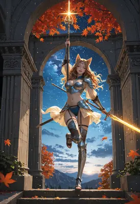 Celestial Fox Warrior Under Autumn Arches