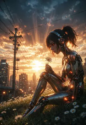 Cyborg Girl Finding Peace at Sunset
