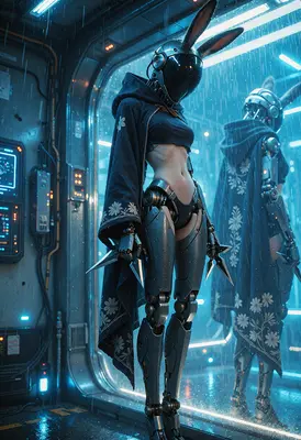 Cybernetic Rabbit Assassin in the Rain
