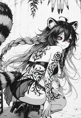Tattooed Raccoon Girl with Braided Hair