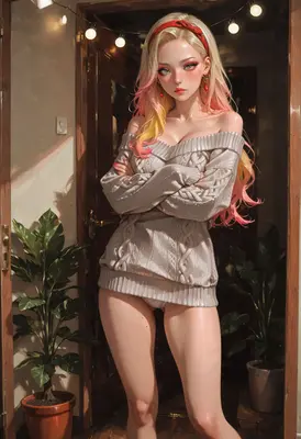Cozy Blonde in Off-Shoulder Knit Sweater