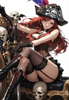 Sultry Pirate Queen on Skull Throne