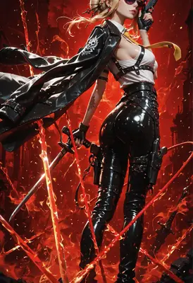 Fiery Mercenary in Tactical Latex Gear