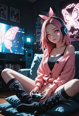 Pink Haired Gamer Girl in Neon Room