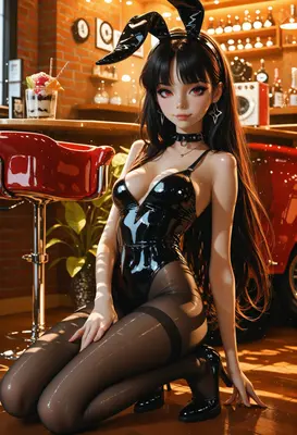 Black Latex Bunny Girl in Cafe