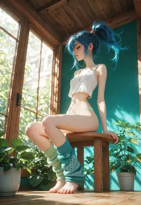 Blue Haired Girl Resting in Sunroom