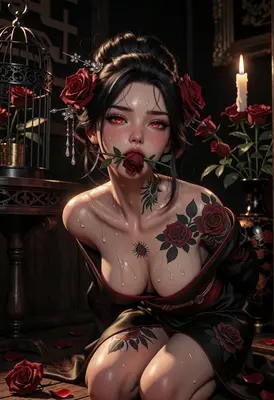 Gothic Beauty with Red Roses