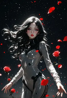 Cybernetic Beauty Amidst Falling Rose Petals