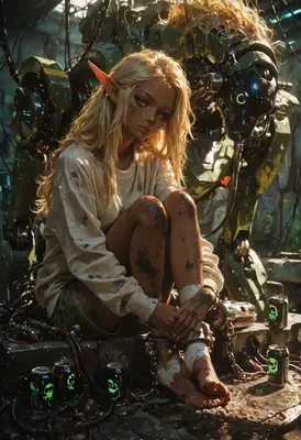 Elf Mechanic Beside Her Wounded Mech