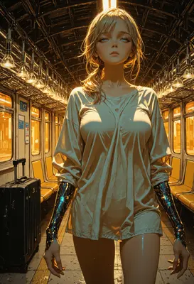 Cyborg Traveler in Golden Subway Car